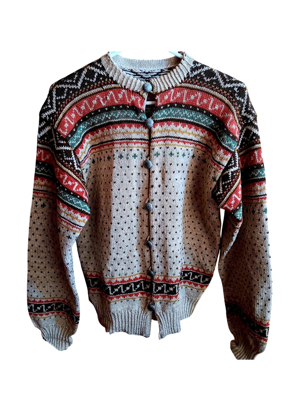 Vintage Medium Cardigan Sweater 1950's Nordic Fair Isle Wool Norwegian Knit